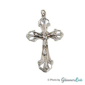 Vintage Alpaca Jesus on Cross Crucifix Signed Silver Tone Pendant